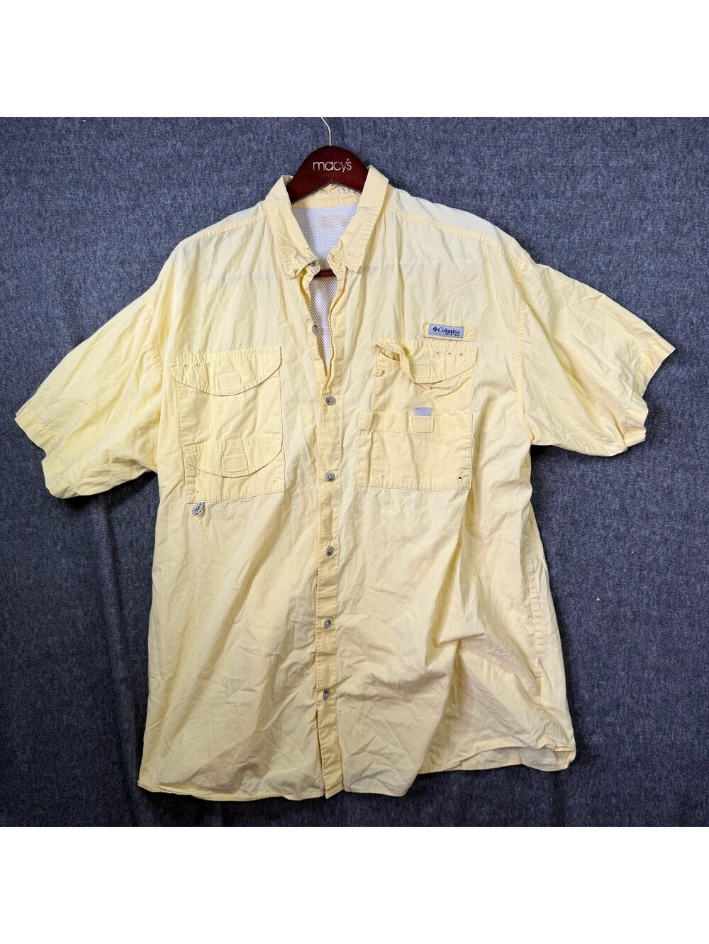 Columbia PFG Shirt Mens 2XL Yellow Short Sleeve Fishing Vented Button Up Casual